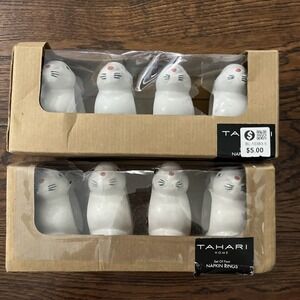 Tahari Set Of 8 Napkin Rings Ceramic Easter Bunnies Spring Rabbits 3" Damage Box